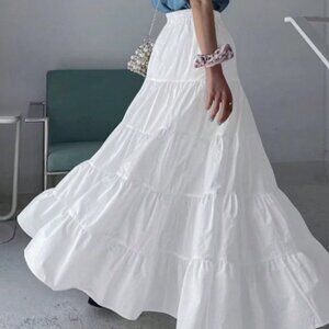 White Casual Women's Multi-Layered Ruffle Hem Long Skirt
